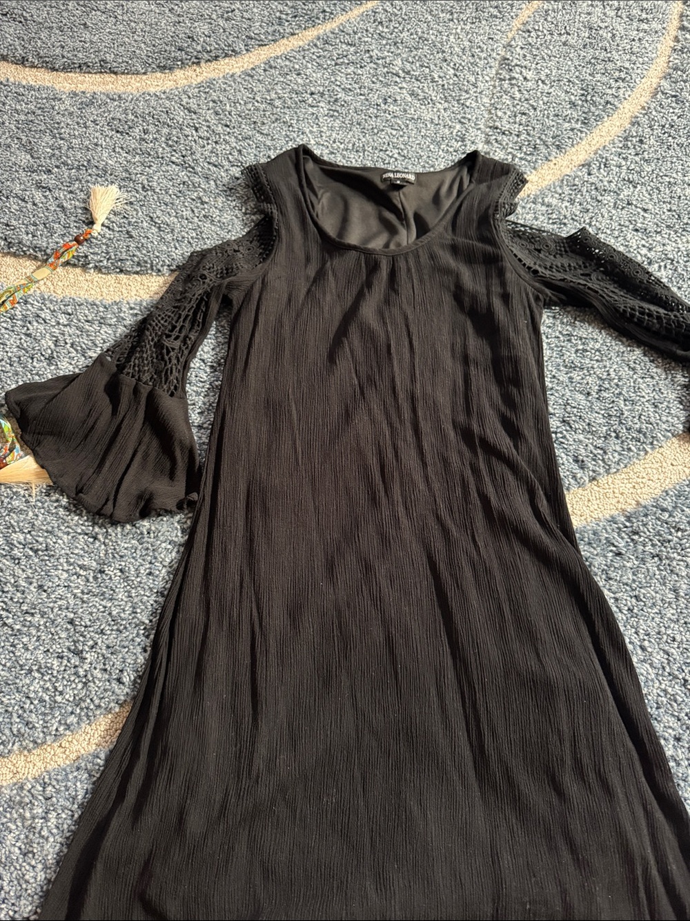 Nina Leonard Black Cold-Shoulder Long Sleeve Dress with Crochet Detail
